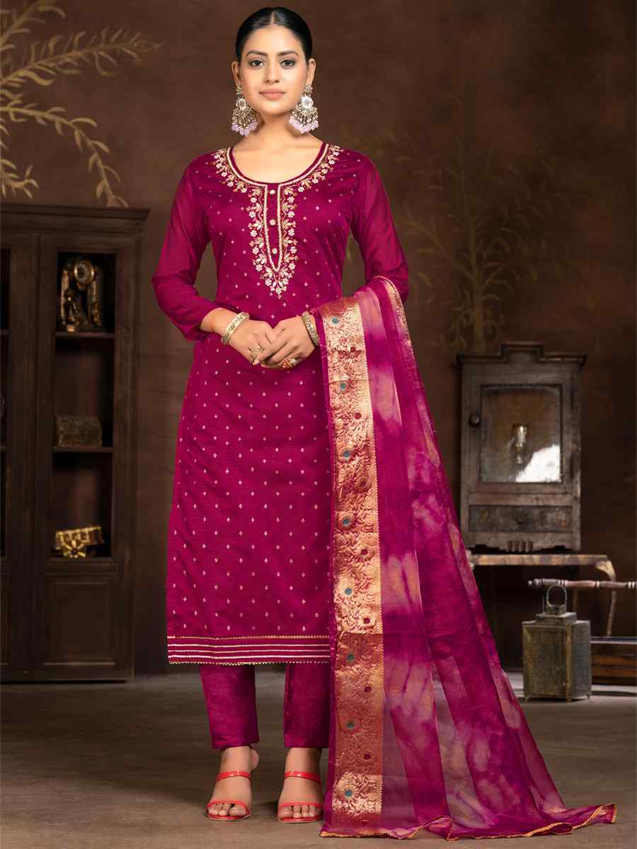 Magenta Cotton Jacquard Embroidered Casual Festival Pant Salwar Kameez