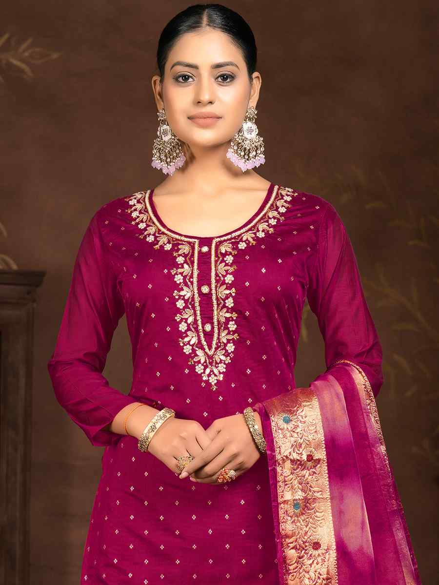 Magenta Cotton Jacquard Embroidered Casual Festival Pant Salwar Kameez