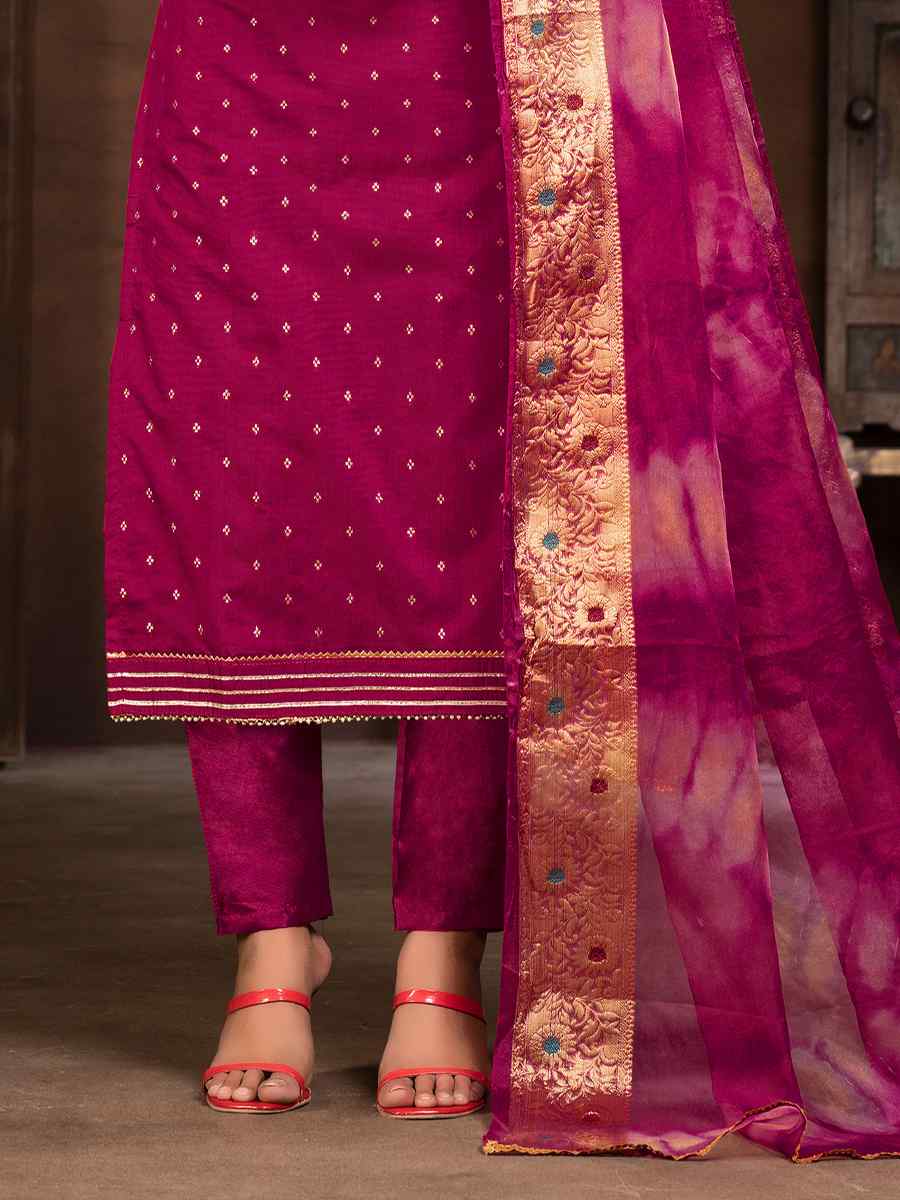 Magenta Cotton Jacquard Embroidered Casual Festival Pant Salwar Kameez