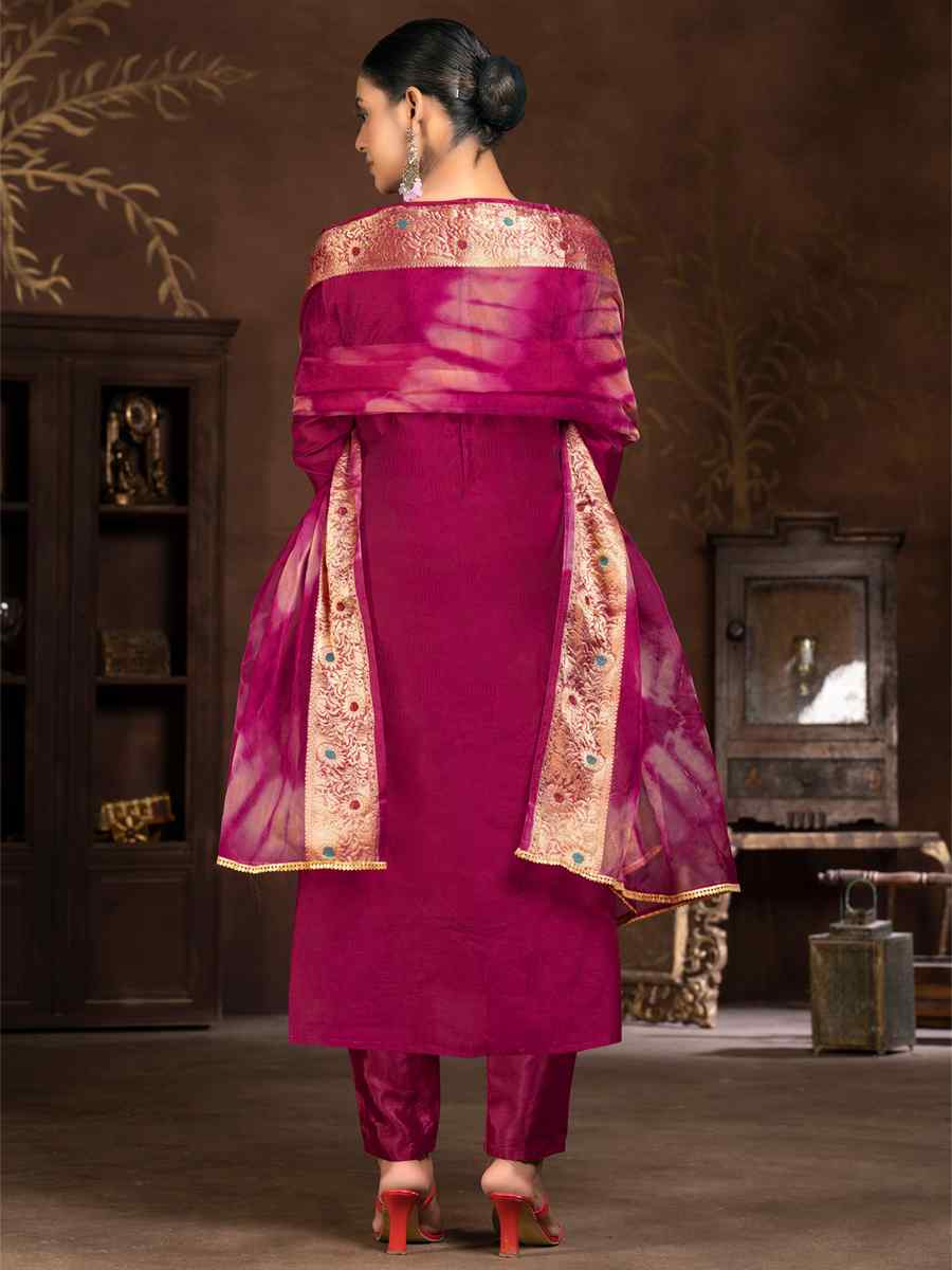 Magenta Cotton Jacquard Embroidered Casual Festival Pant Salwar Kameez