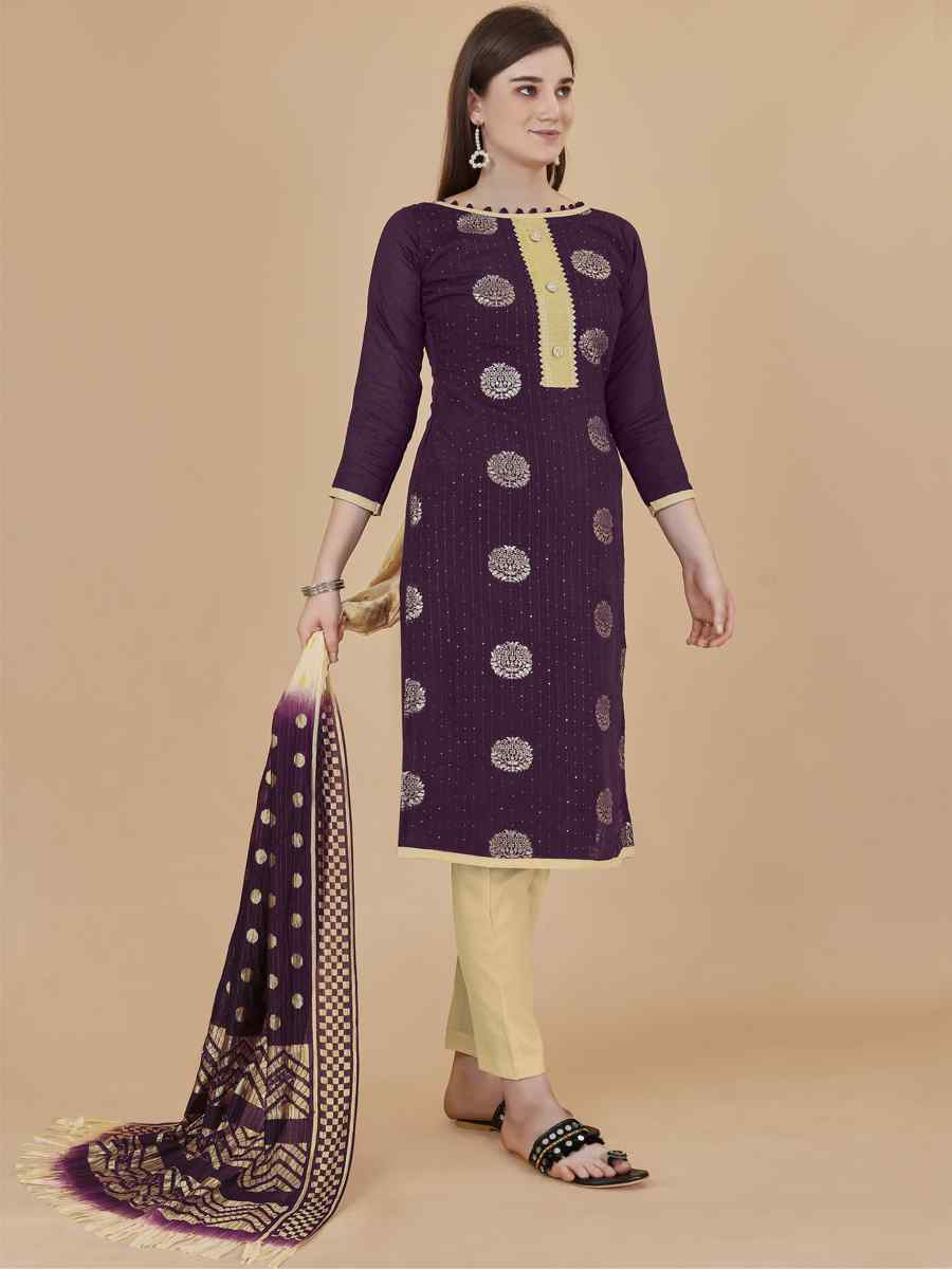 Magenta Cotton Jacquard Handwoven Casual Festival Pant Salwar Kameez