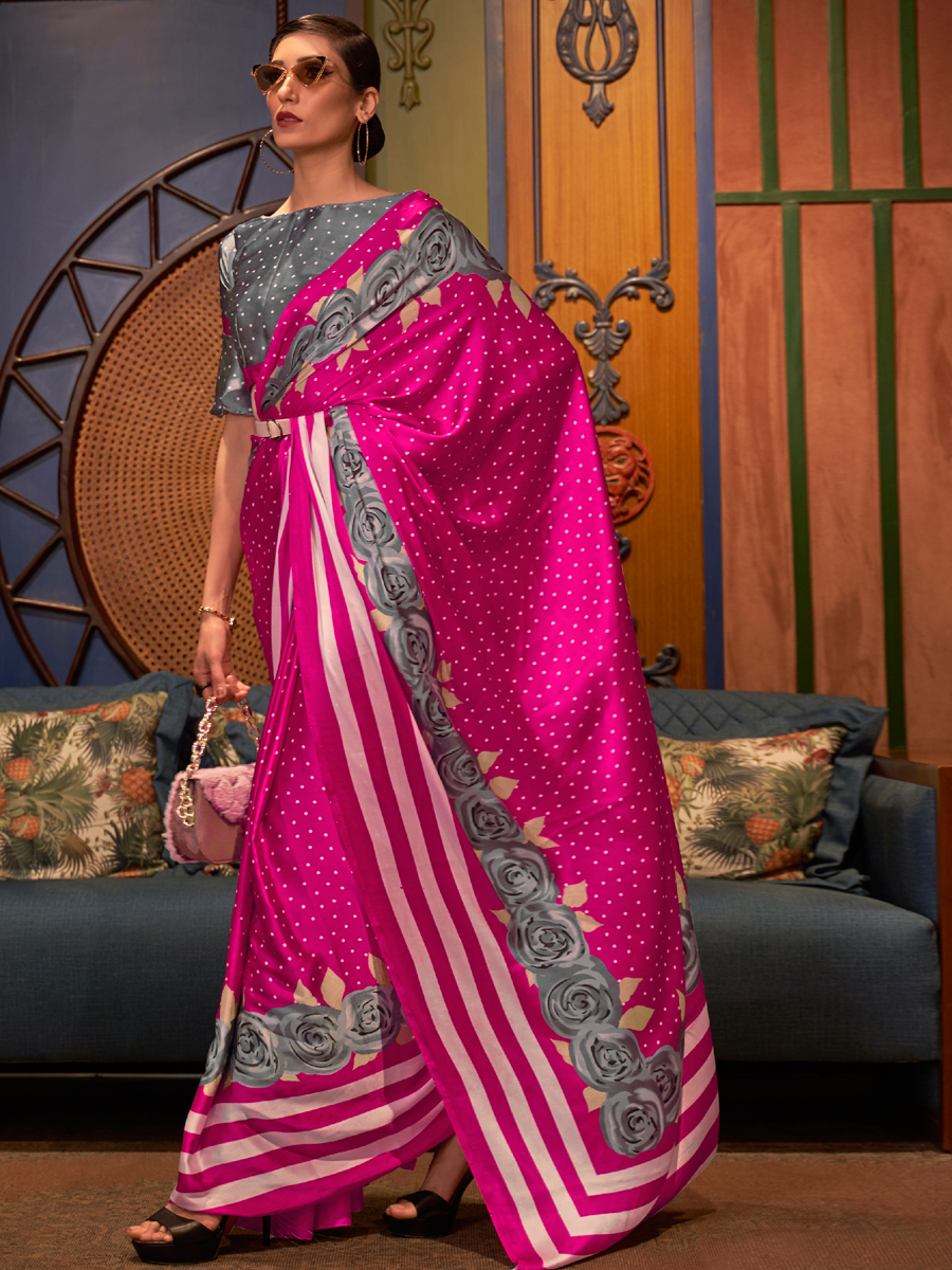 Magenta Crepe Festival Printed Saree