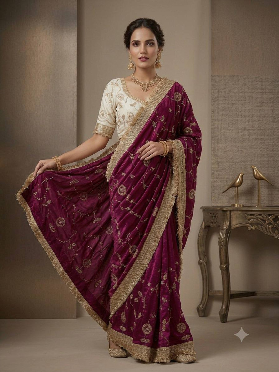Magenta Fendy Satin Silk Embroidery Wedding Reception Party Festival Casual Heavy Border Sarees