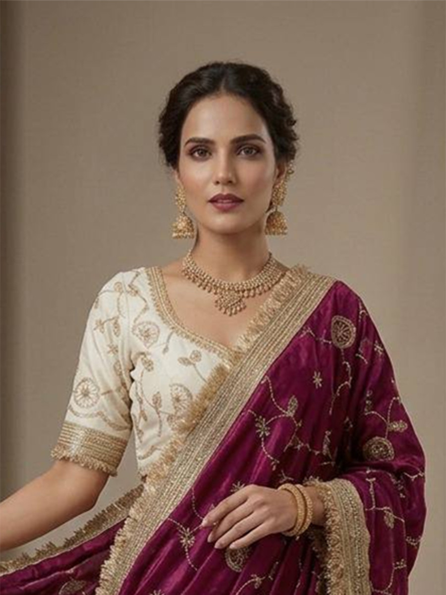 Magenta Fendy Satin Silk Embroidery Wedding Reception Party Festival Casual Heavy Border Sarees