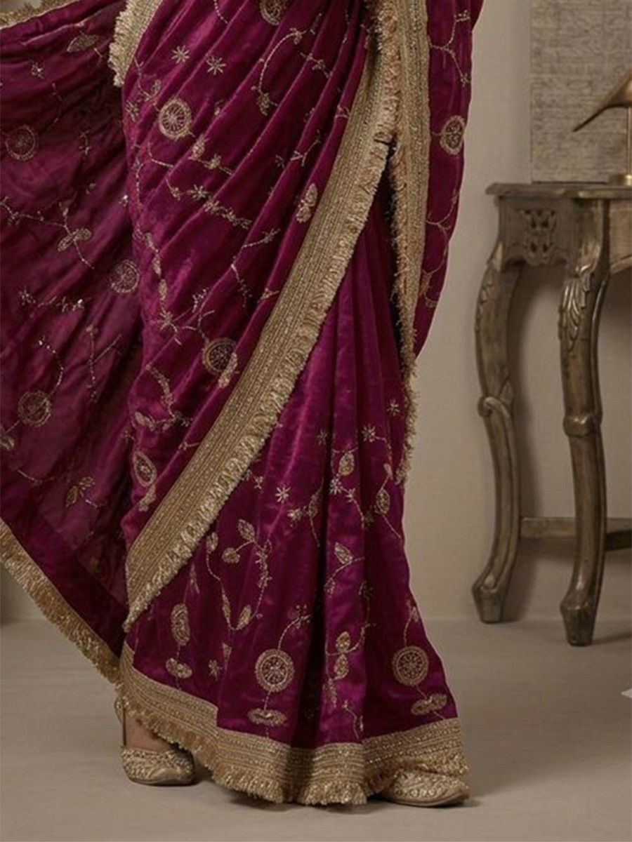 Magenta Fendy Satin Silk Embroidery Wedding Reception Party Festival Casual Heavy Border Sarees