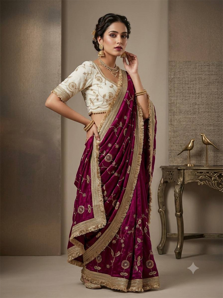 Magenta Fendy Satin Silk Embroidery Wedding Reception Party Festival Casual Heavy Border Sarees