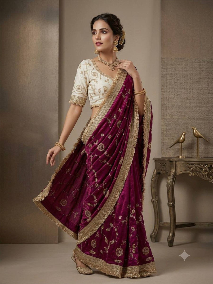 Magenta Fendy Satin Silk Embroidery Wedding Reception Party Festival Casual Heavy Border Sarees