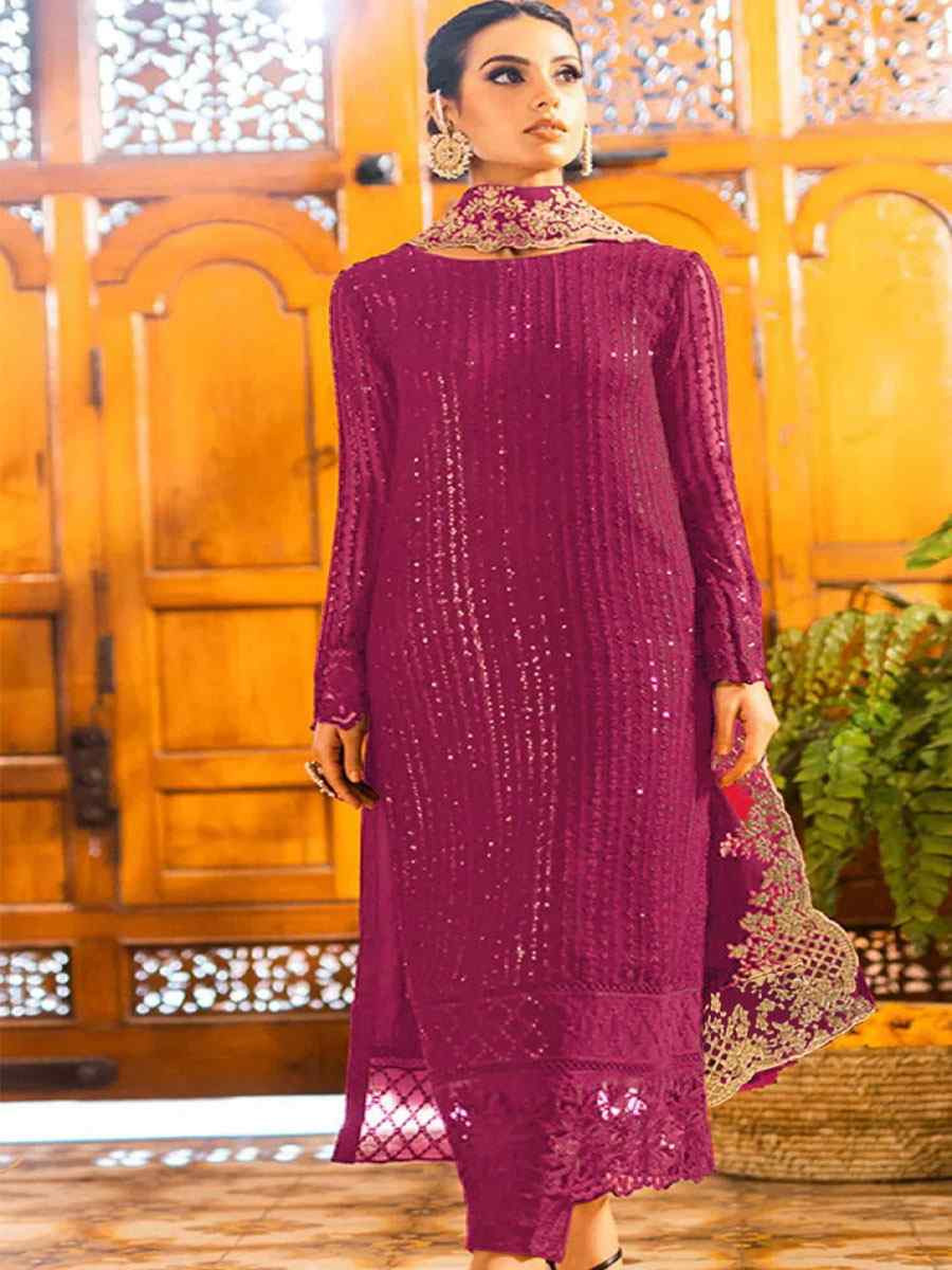 Magenta Georgette Embroidered Festival Wedding Pant Salwar Kameez