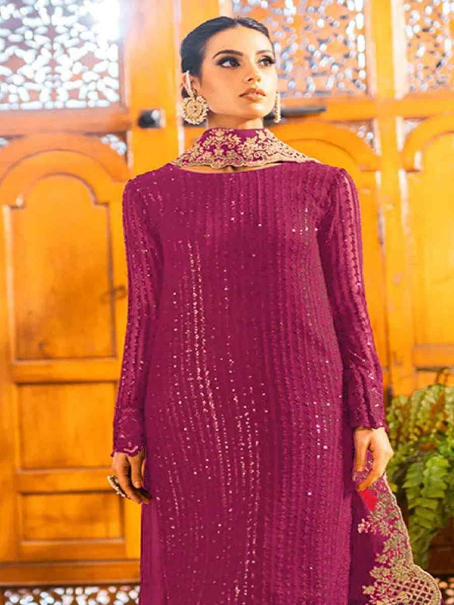 Magenta Georgette Embroidered Festival Wedding Pant Salwar Kameez