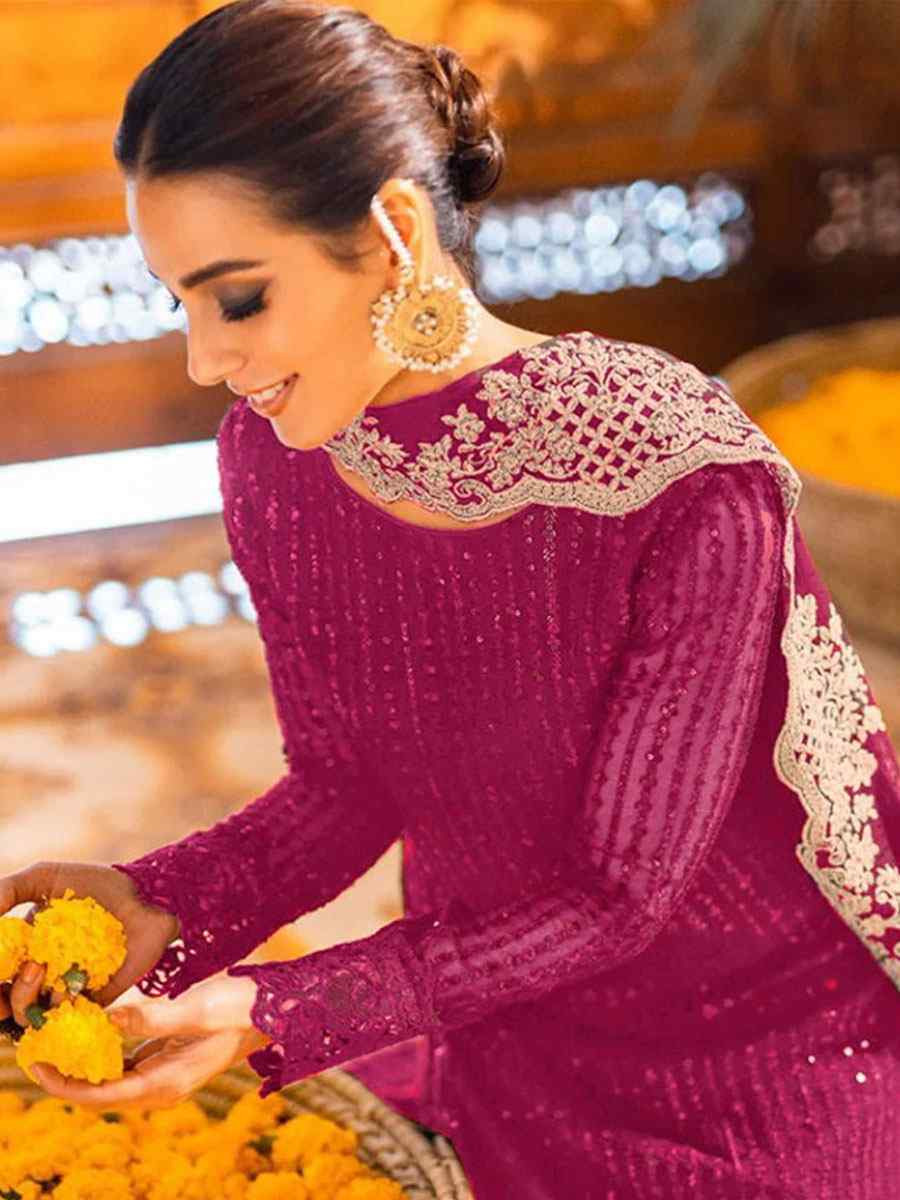 Magenta Georgette Embroidered Festival Wedding Pant Salwar Kameez
