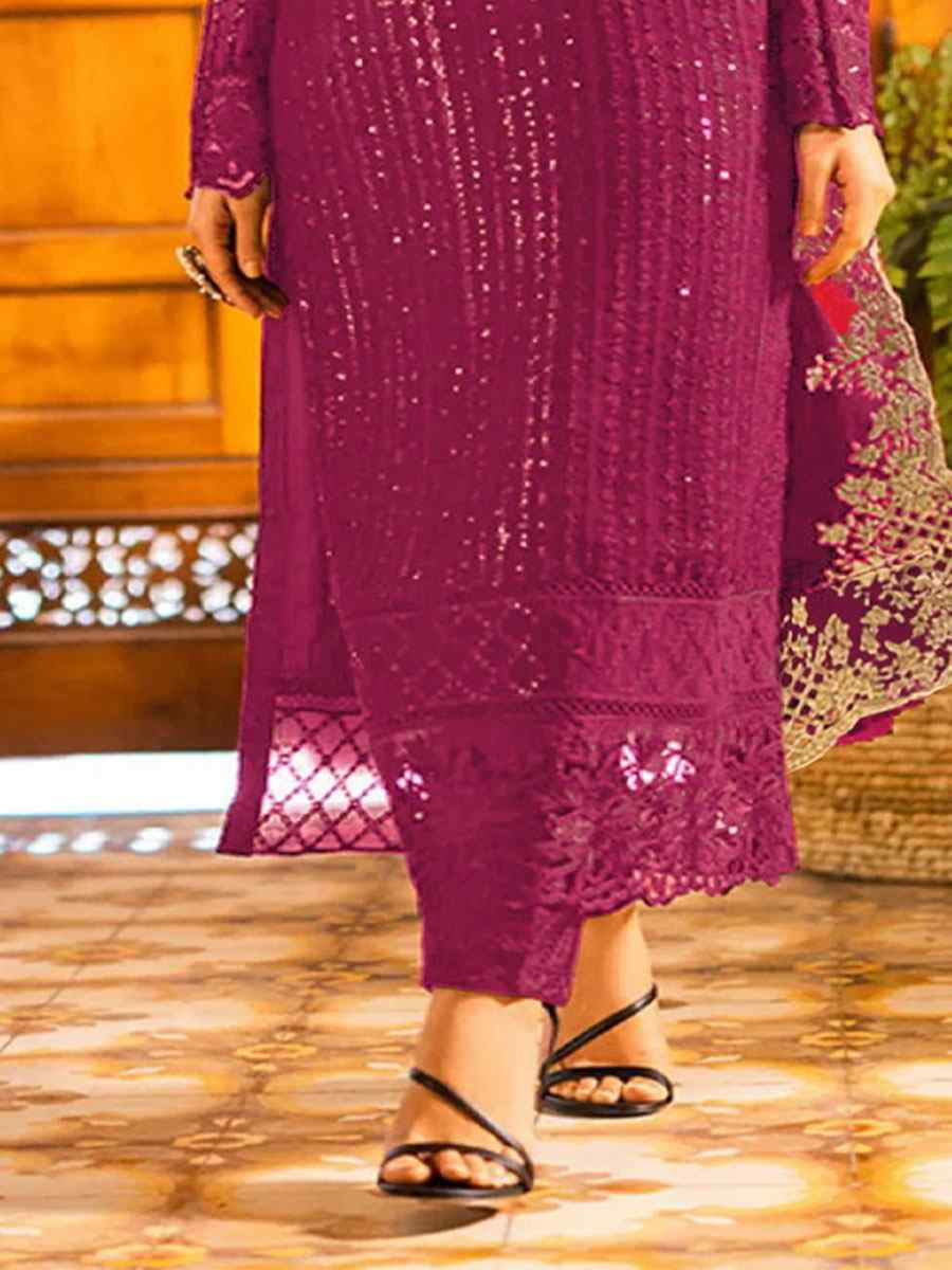Magenta Georgette Embroidered Festival Wedding Pant Salwar Kameez