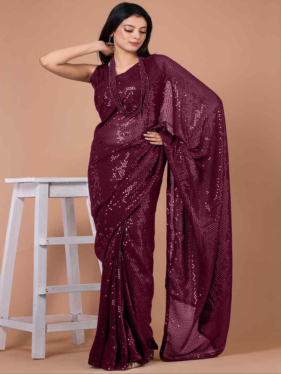Magenta Georgette Sequins Party Festival Classic Style Saree