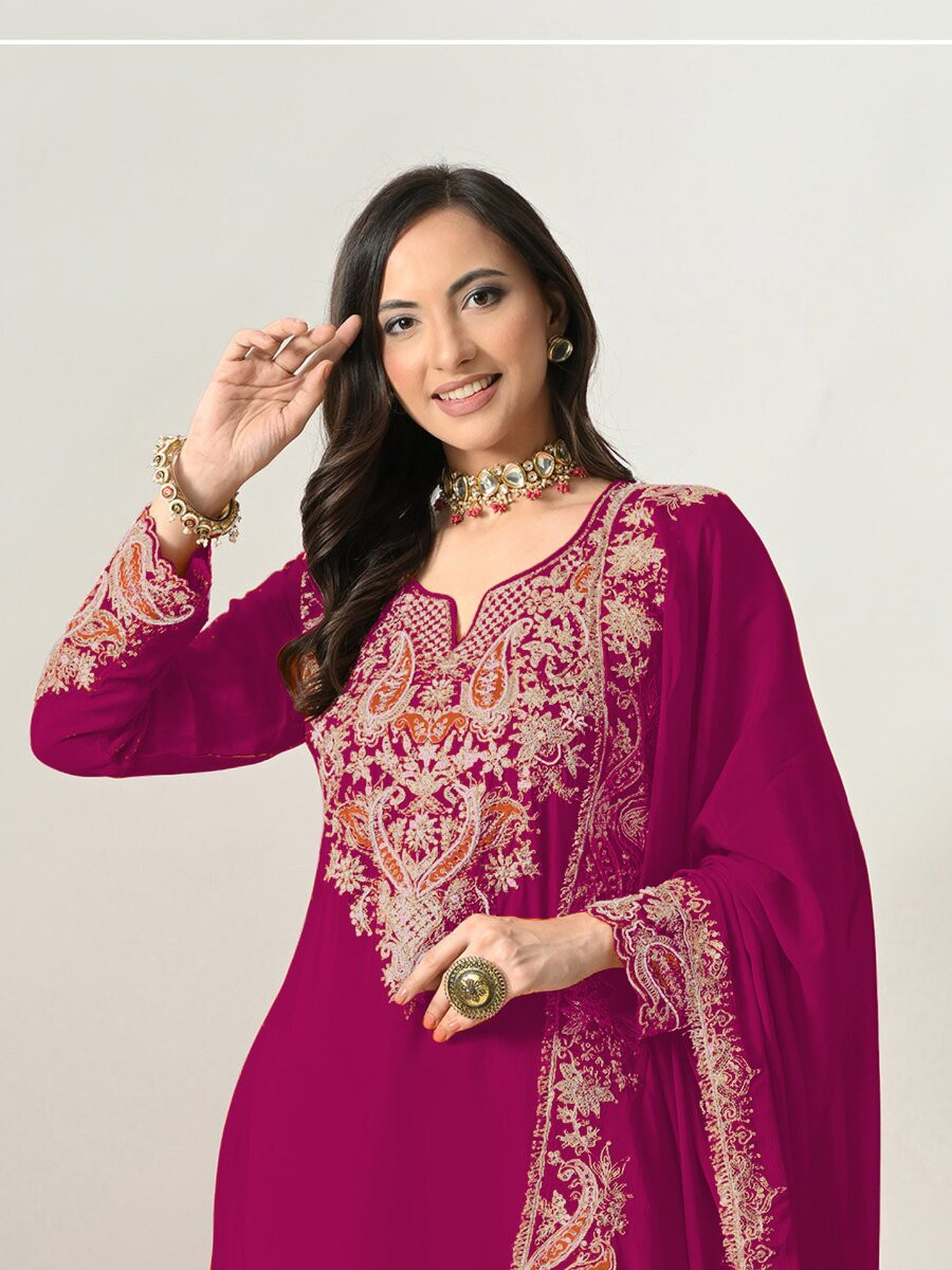 Magenta Heavy Chinon Embroidery Sequins Wedding Party Festival Casual Palazzo Pant Salwar Kameez