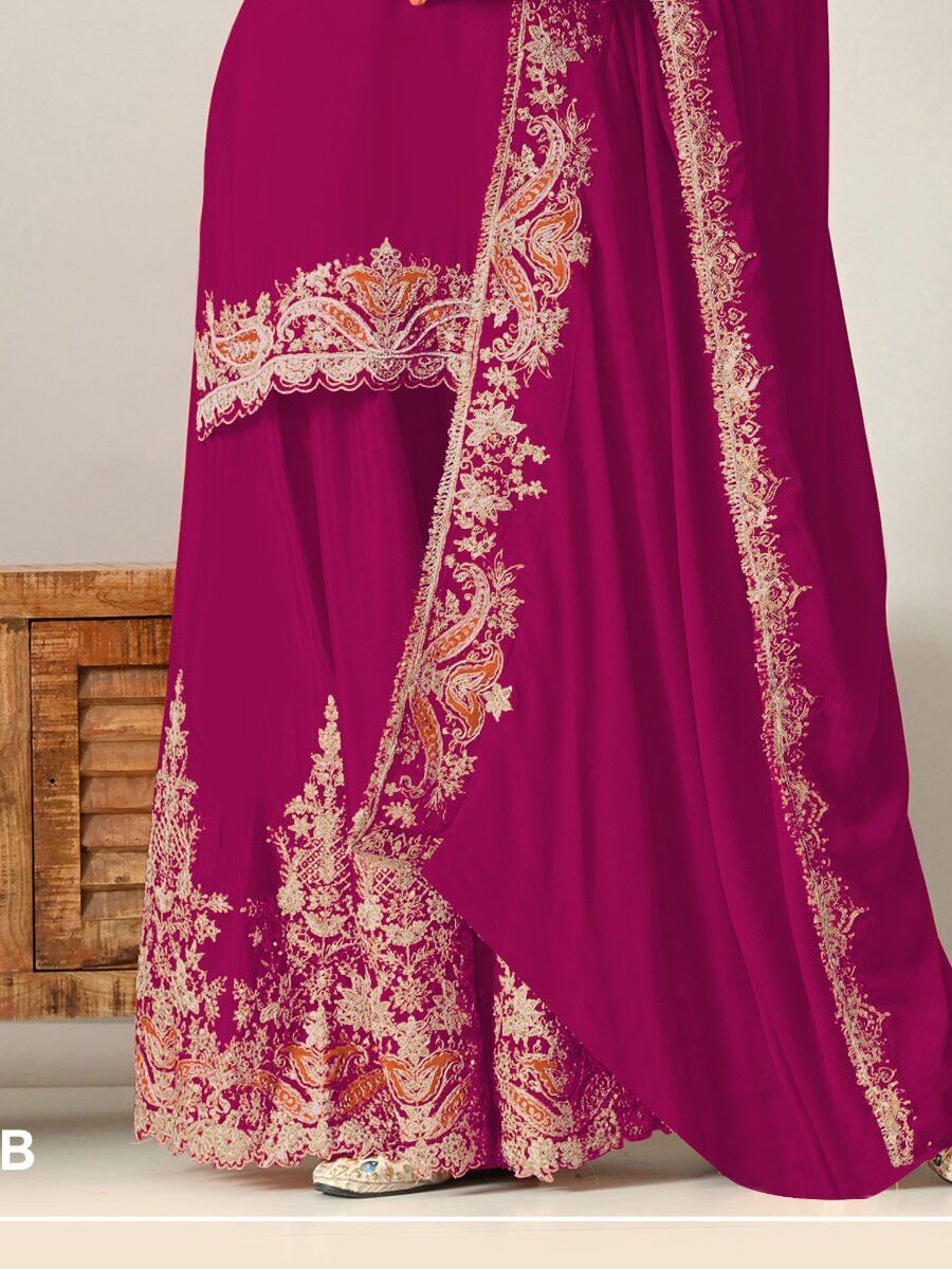 Magenta Heavy Chinon Embroidery Sequins Wedding Party Festival Casual Palazzo Pant Salwar Kameez
