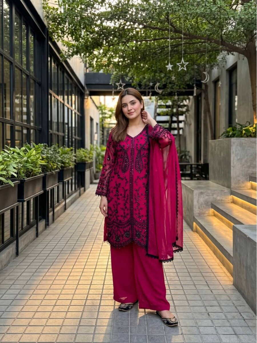 Magenta Heavy Faux Georgette Embroidery Sequins Stone Work Wedding Party Festival Casual Ready Palazzo Pant Salwar Kameez