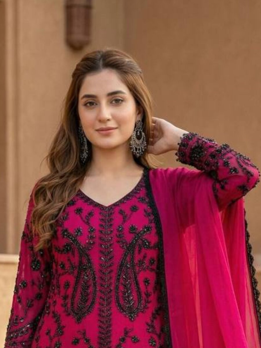 Magenta Heavy Faux Georgette Embroidery Sequins Stone Work Wedding Party Festival Casual Ready Palazzo Pant Salwar Kameez