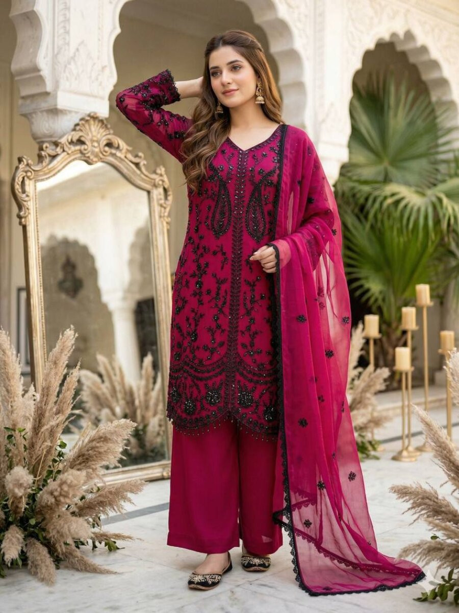 Magenta Heavy Faux Georgette Embroidery Sequins Stone Work Wedding Party Festival Casual Ready Palazzo Pant Salwar Kameez