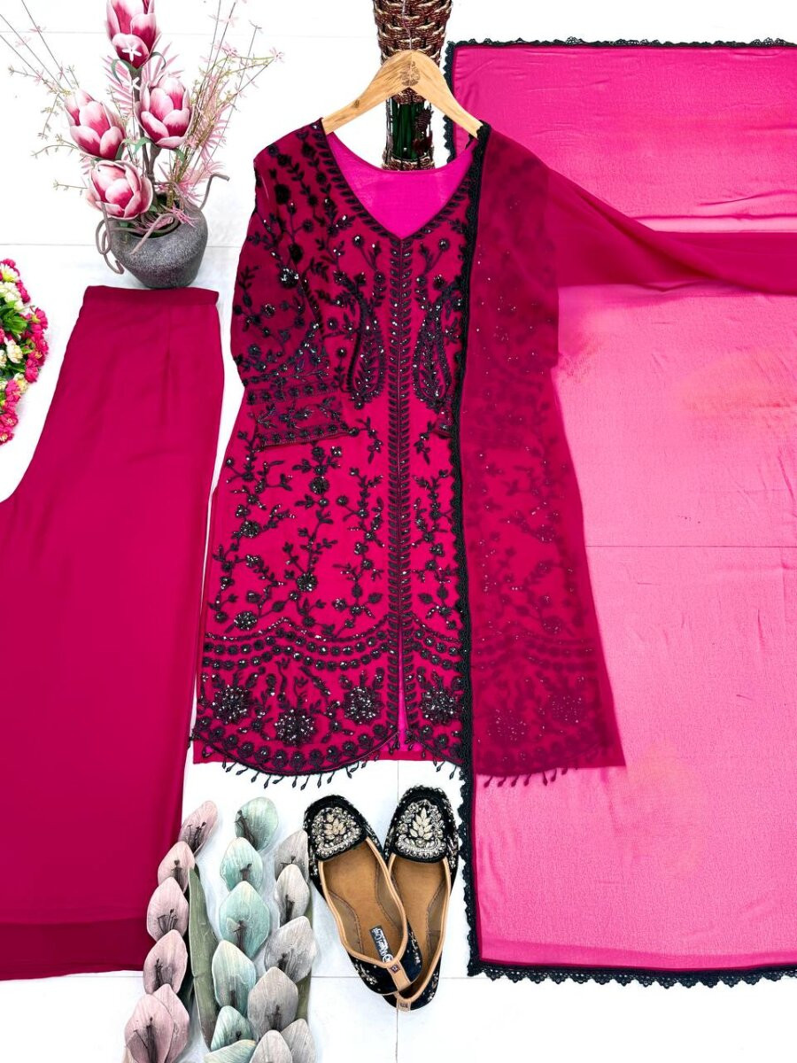 Magenta Heavy Faux Georgette Embroidery Sequins Stone Work Wedding Party Festival Casual Ready Palazzo Pant Salwar Kameez