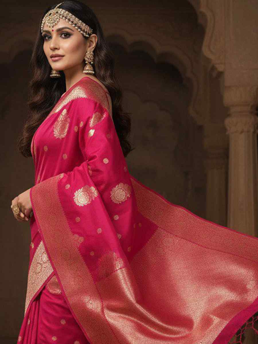 Magenta Kanjivaram silk Handwoven Zari Bridal Reception Festival Wedding Fancy Heavy Border Saree