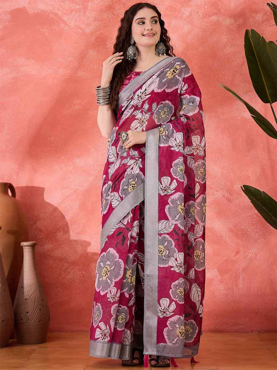 Magenta Linen Cotton Blend Printed Casual Reception Festival Wedding Fancy Classic Style Sarees