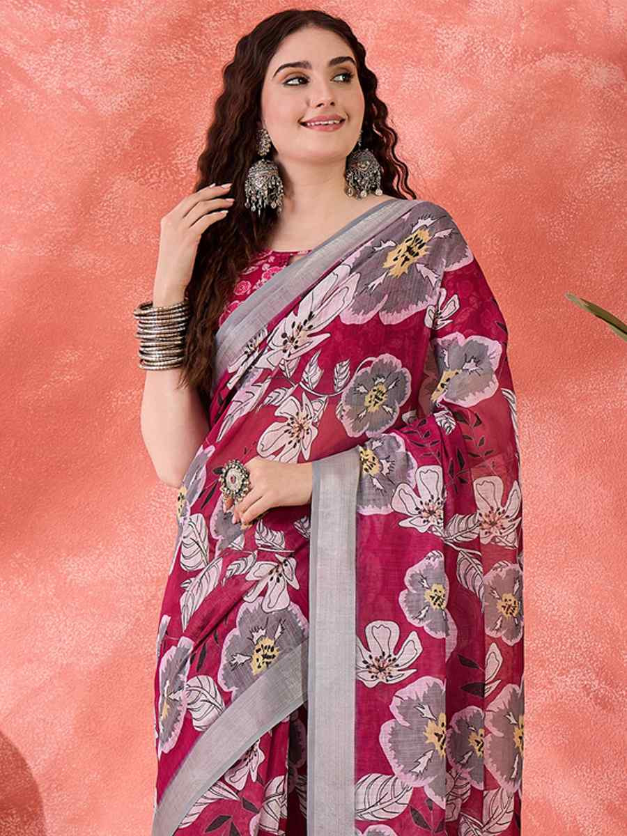 Magenta Linen Cotton Blend Printed Casual Reception Festival Wedding Fancy Classic Style Sarees