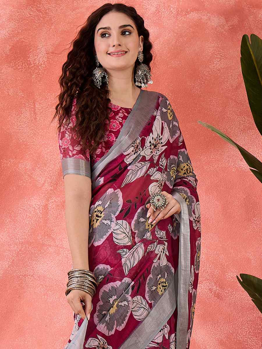 Magenta Linen Cotton Blend Printed Casual Reception Festival Wedding Fancy Classic Style Sarees