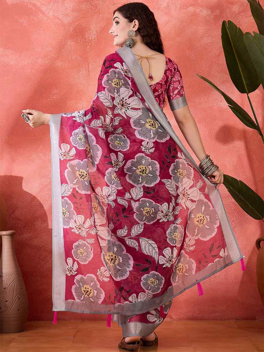 Magenta Linen Cotton Blend Printed Casual Reception Festival Wedding Fancy Classic Style Sarees