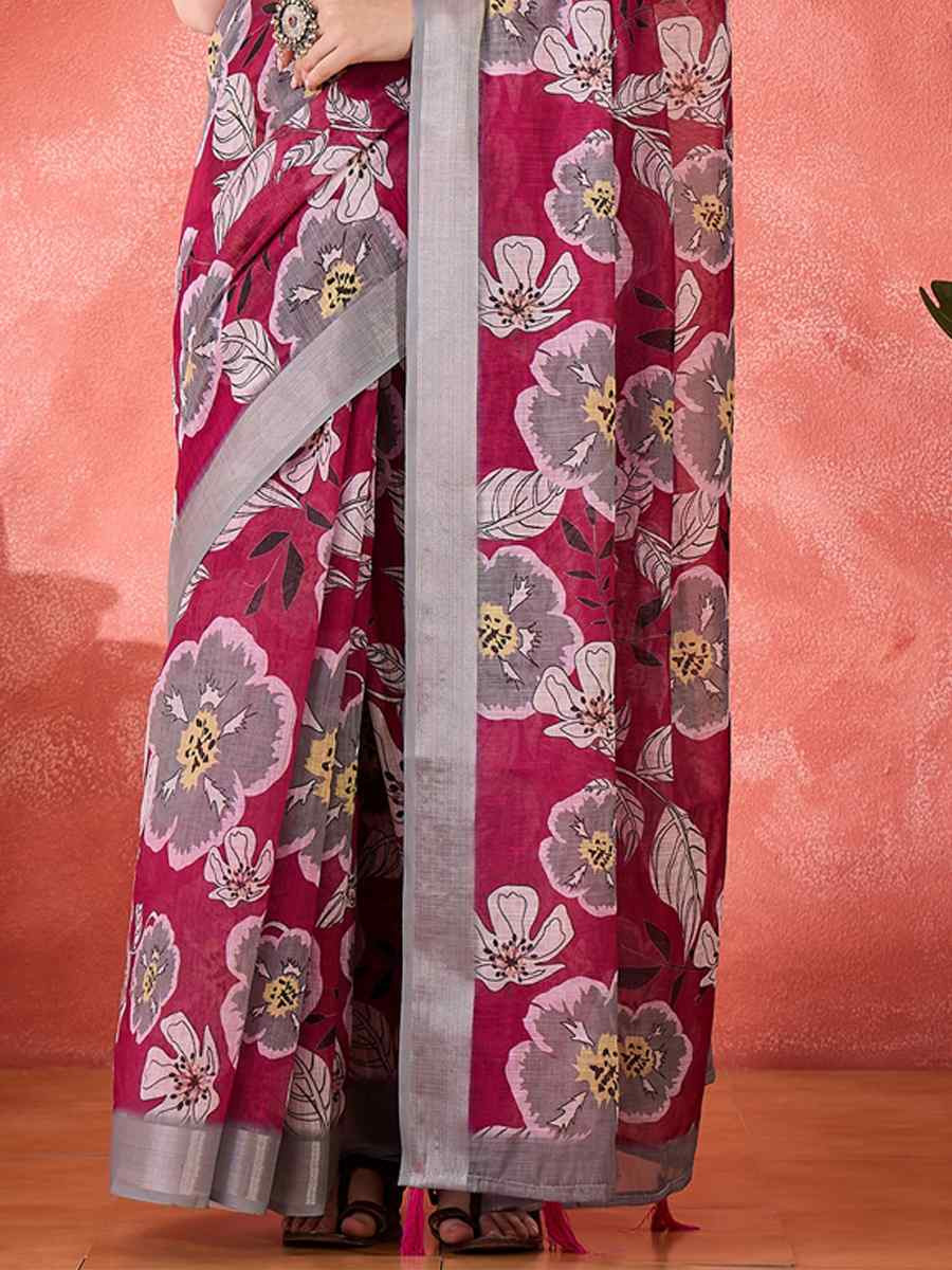 Magenta Linen Cotton Blend Printed Casual Reception Festival Wedding Fancy Classic Style Sarees