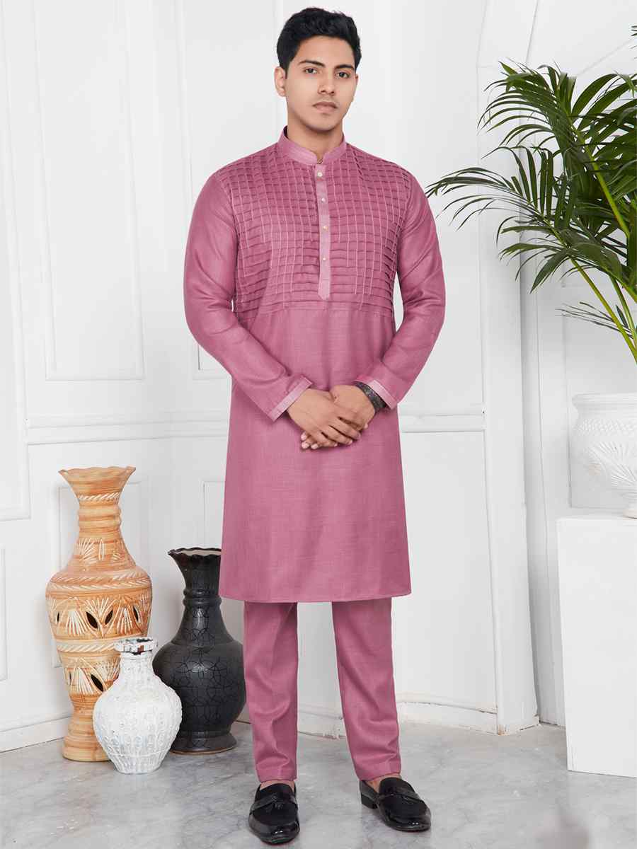 Magenta Linen Cotton Printed Festival Casual Kurta