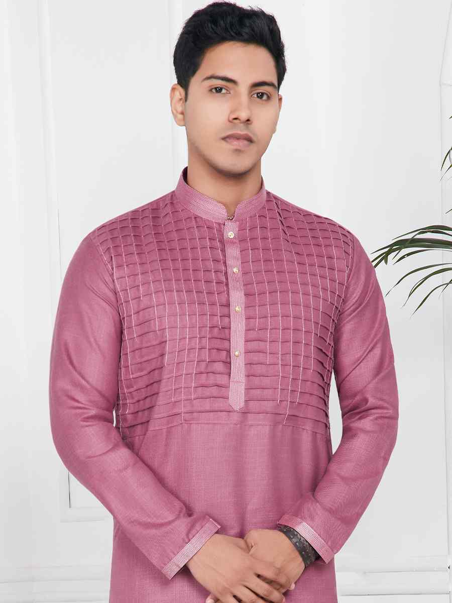 Magenta Linen Cotton Printed Festival Casual Kurta