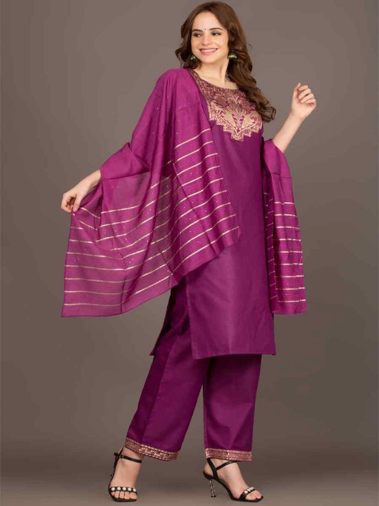 Magenta Magic Slub Embroidered Festival Casual Ready Pant Salwar Kameez