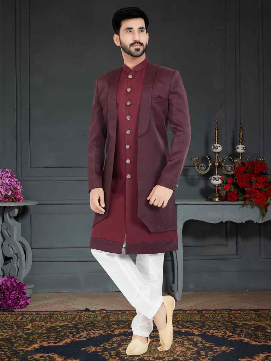 Magenta Maroon Turkey Sartin Weaving Woven Festival Party Sherwani