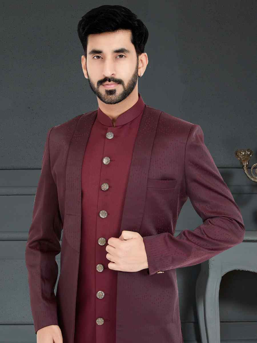 Magenta Maroon Turkey Sartin Weaving Woven Festival Party Sherwani