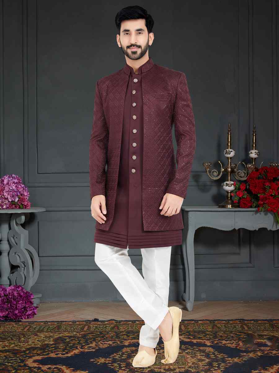 Magenta Maroon Velvet Woven Festival Party Sherwani