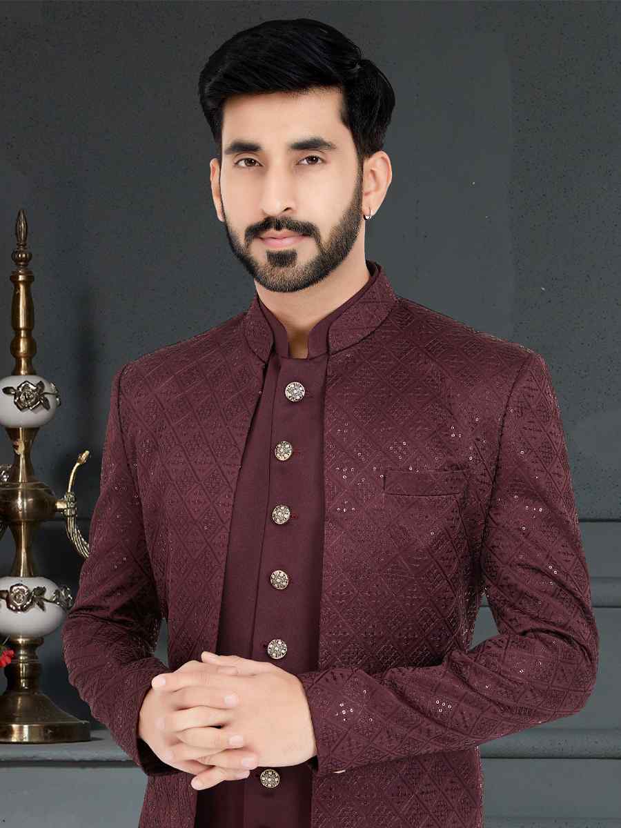 Magenta Maroon Velvet Woven Festival Party Sherwani