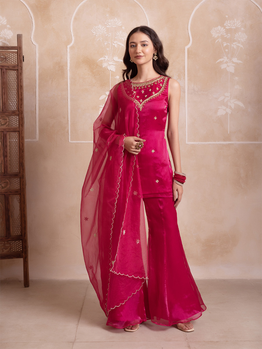 Magenta Organza Embroidery Wedding Party Festival Casual Ready Sharara Pant Salwar Kameez