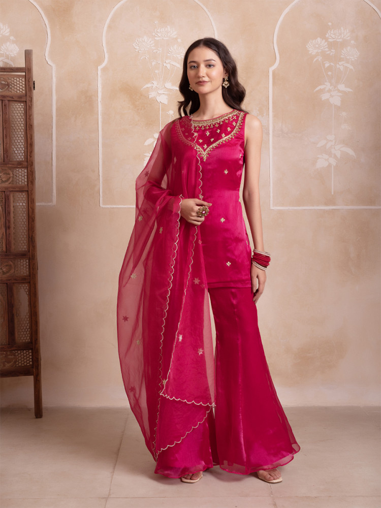 Image of Magenta Organza Embroidery Wedding Party Festival Casual Ready Sharara Pant Salwar Kameez