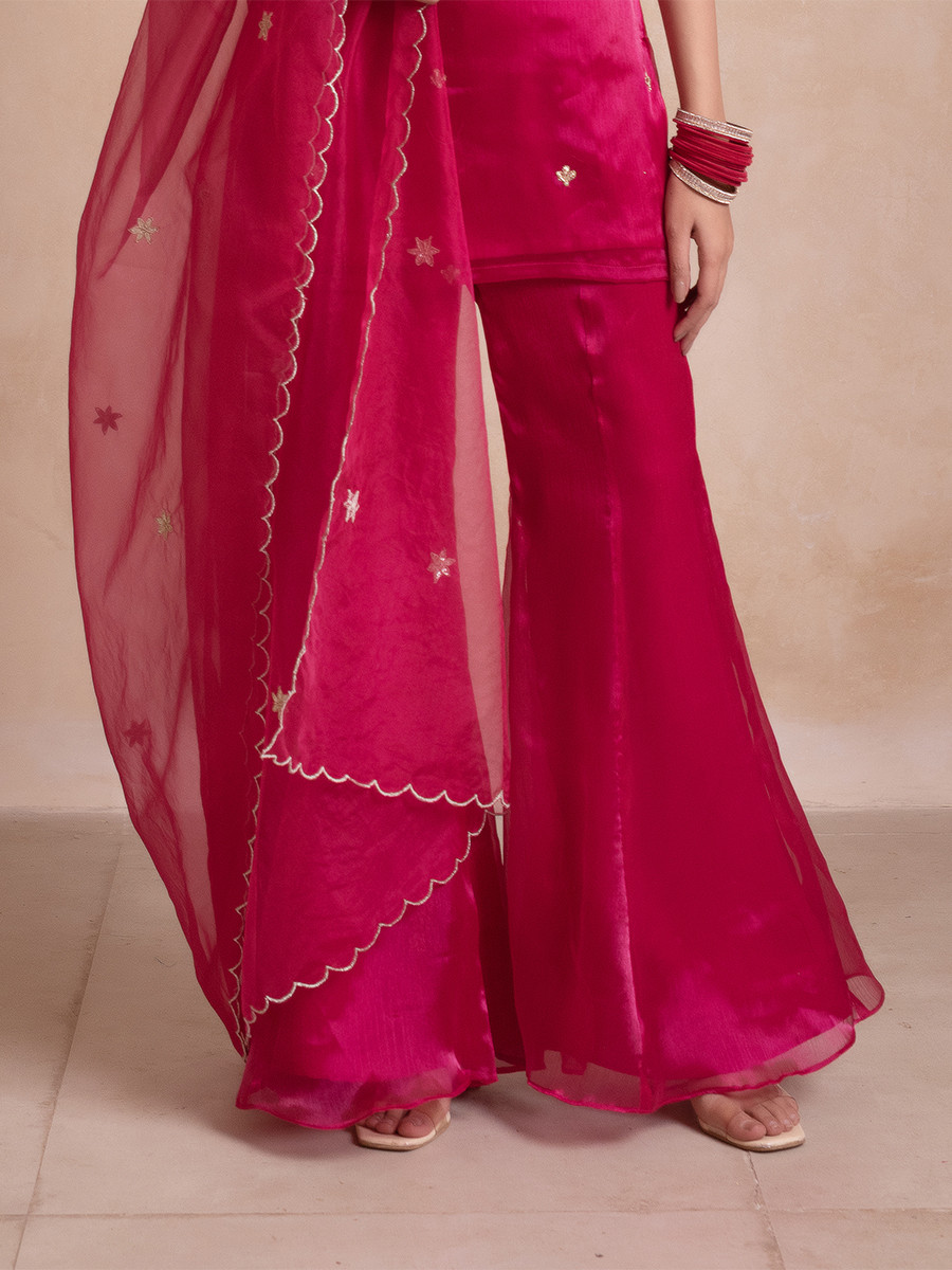 Magenta Organza Embroidery Wedding Party Festival Casual Ready Sharara Pant Salwar Kameez