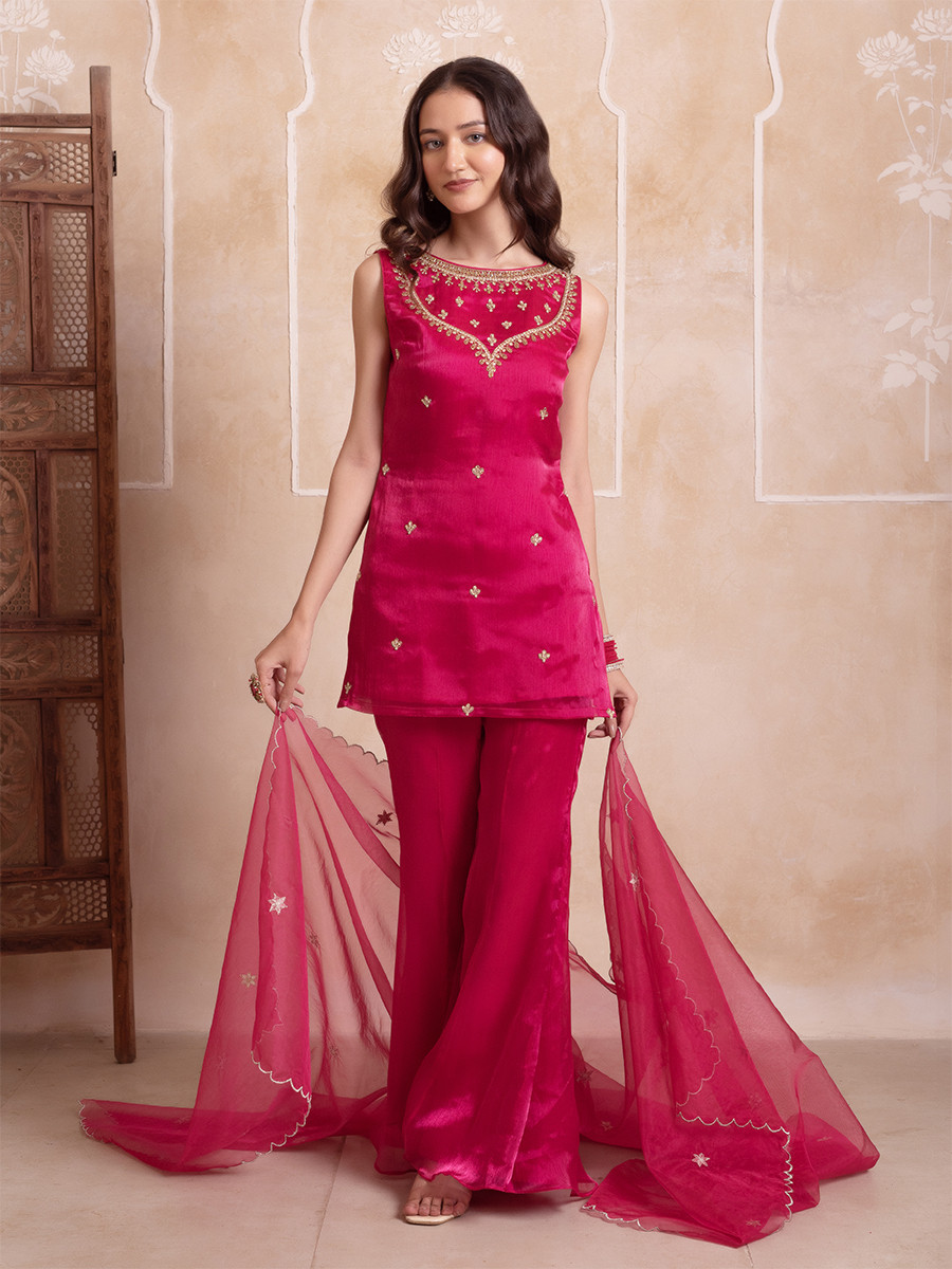 Magenta Organza Embroidery Wedding Party Festival Casual Ready Sharara Pant Salwar Kameez