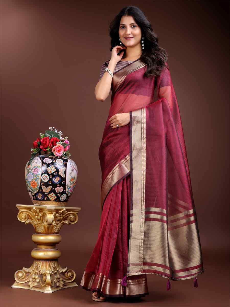 Magenta Organza Handwoven Festival Wedding Fancy Heavy Border Saree