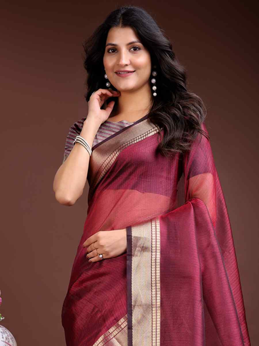 Magenta Organza Handwoven Festival Wedding Fancy Heavy Border Saree