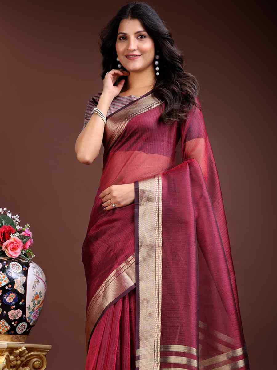 Magenta Organza Handwoven Festival Wedding Fancy Heavy Border Saree