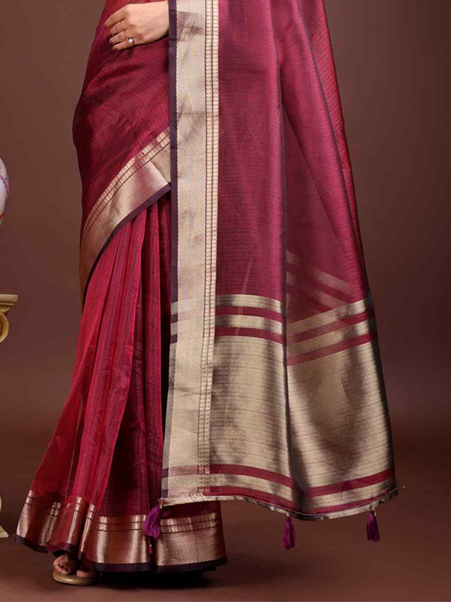 Magenta Organza Handwoven Festival Wedding Fancy Heavy Border Saree