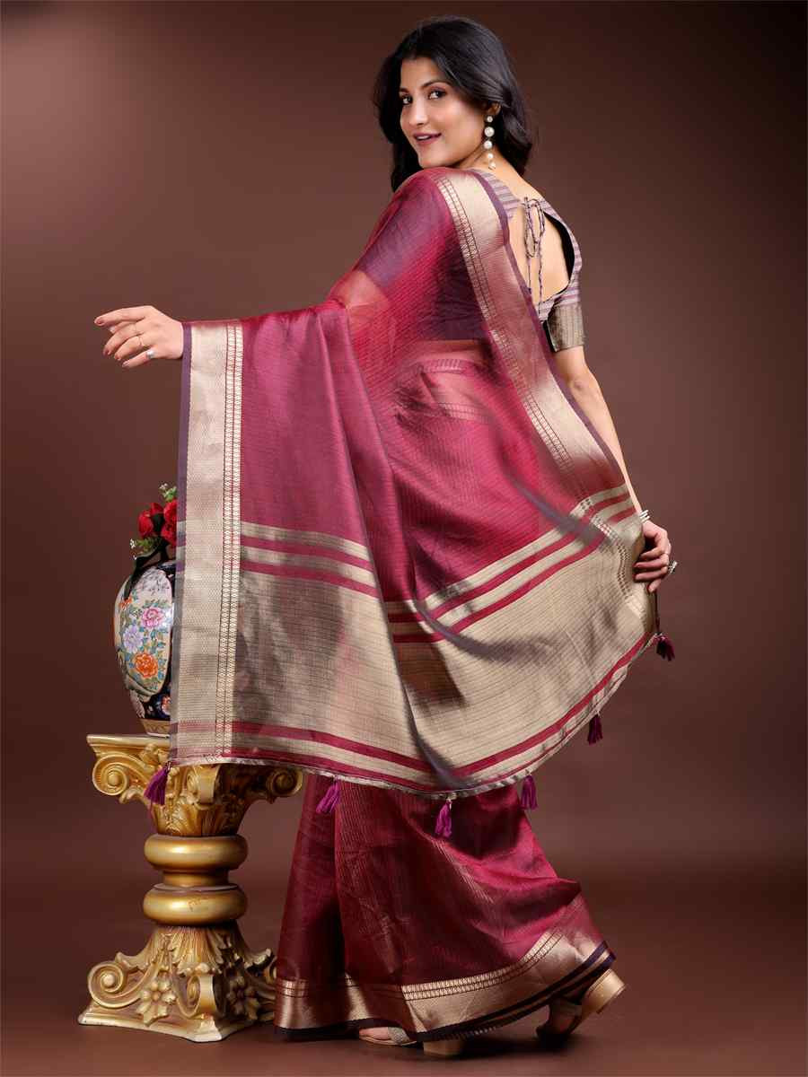 Magenta Organza Handwoven Festival Wedding Fancy Heavy Border Saree
