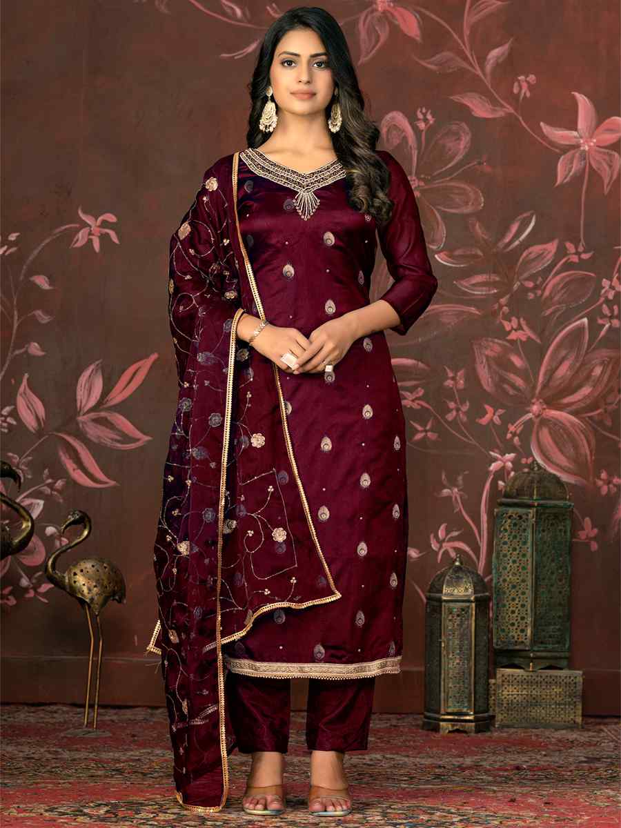 Magenta Organza Jacquard Embroidered Casual Festival Pant Salwar Kameez