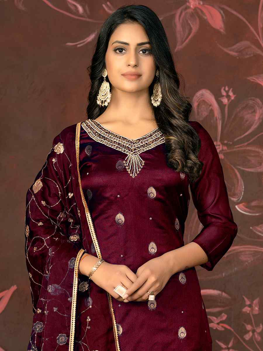 Magenta Organza Jacquard Embroidered Casual Festival Pant Salwar Kameez