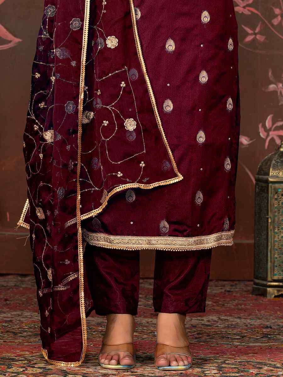 Magenta Organza Jacquard Embroidered Casual Festival Pant Salwar Kameez