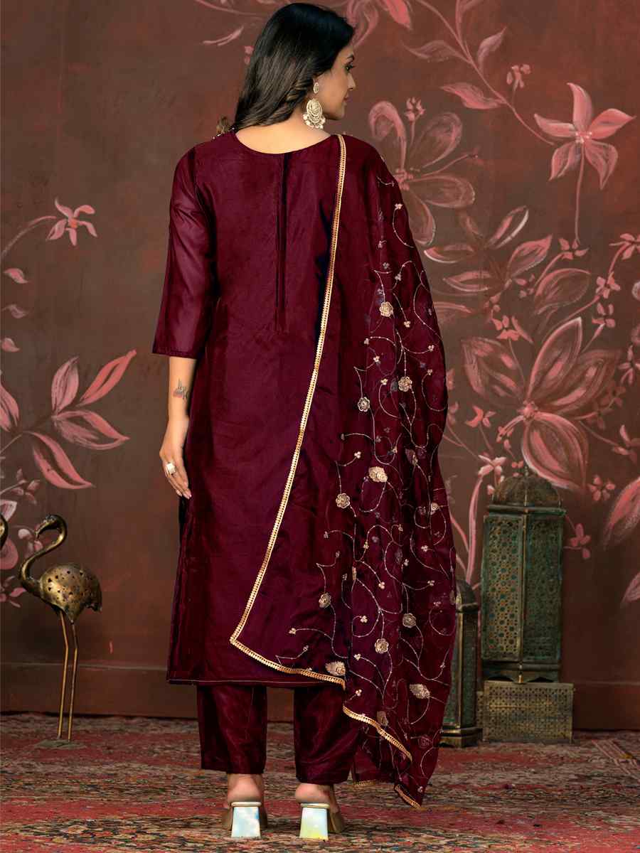 Magenta Organza Jacquard Embroidered Casual Festival Pant Salwar Kameez