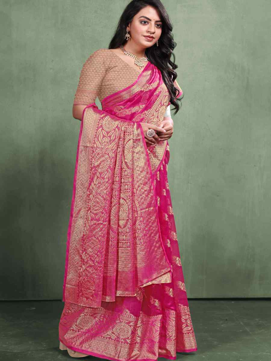 Magenta Organza Silk Handwoven Zari Bridal Reception Festival Wedding Fancy Heavy Border Saree