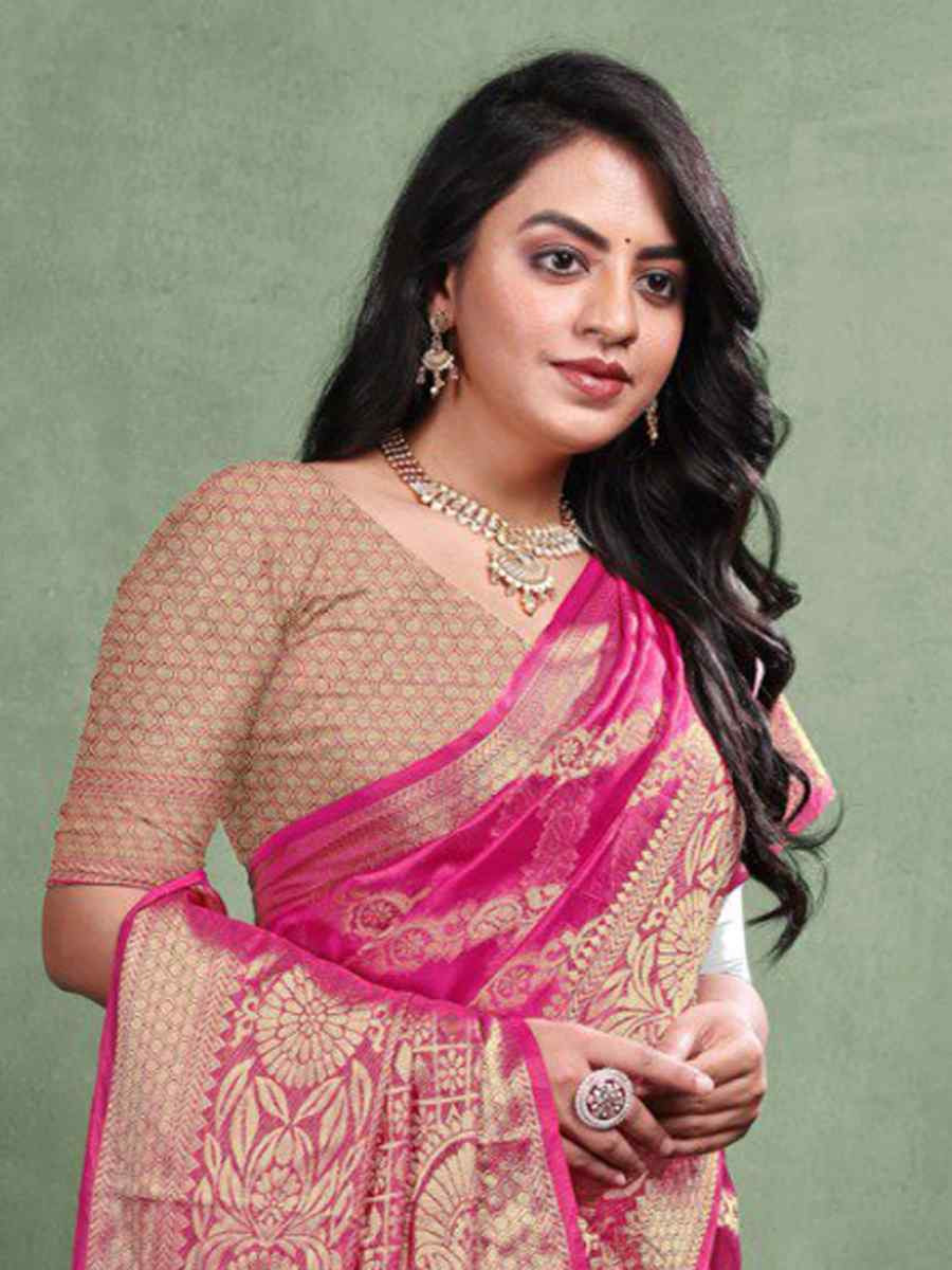 Magenta Organza Silk Handwoven Zari Bridal Reception Festival Wedding Fancy Heavy Border Saree